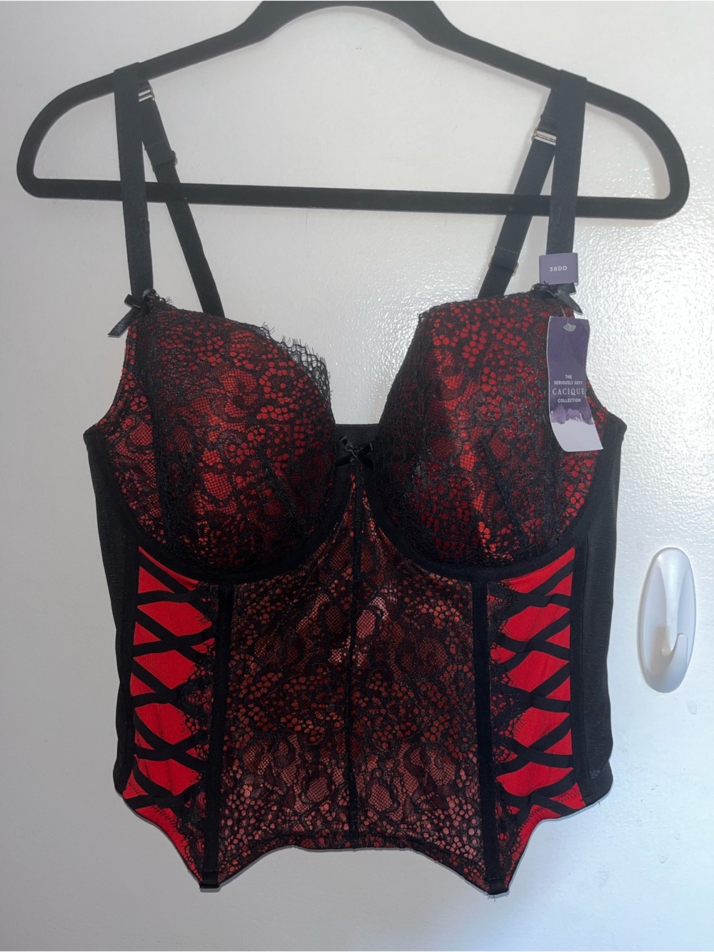 Cacique Red and Black Lace Longline Bustier Bra